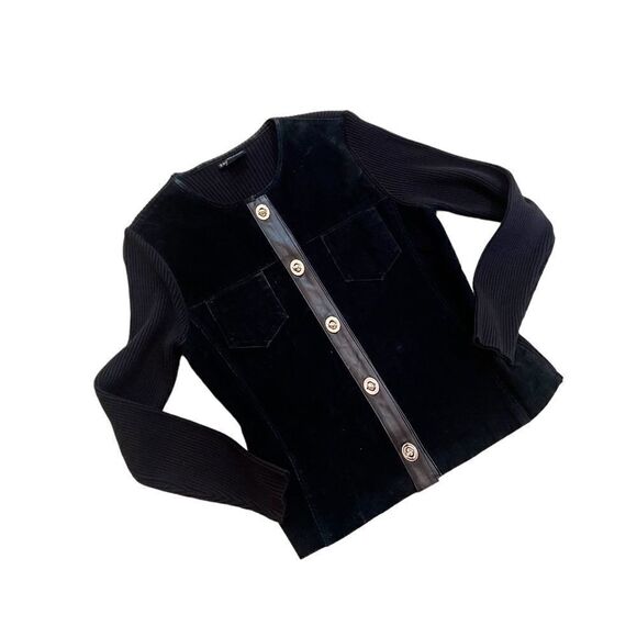 Escapade suede leather black sweater jacket twist closures chest pockets large - Picture 2 of 8